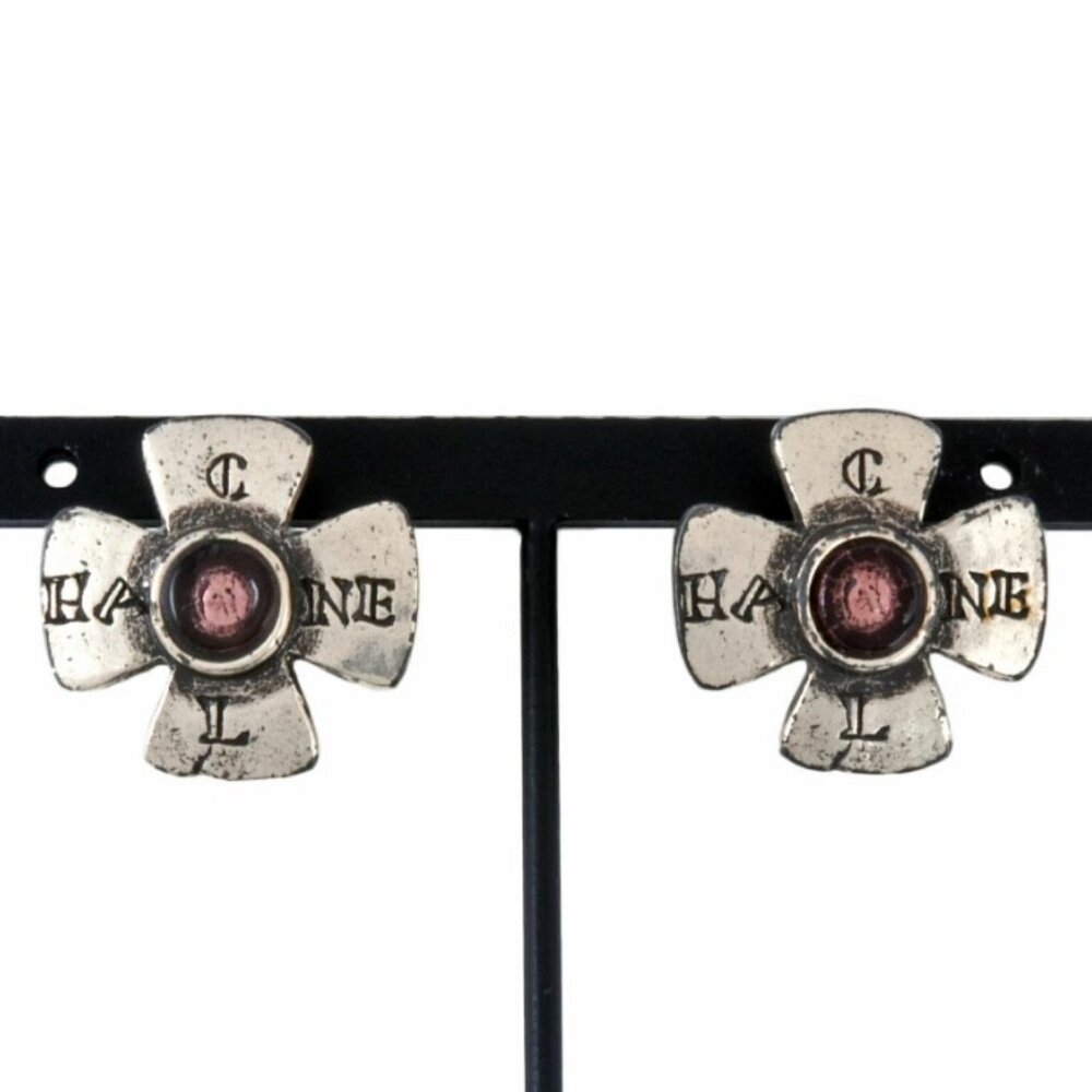 CHANEL 31 Rue Cambon Gripoix Stone Cross Earrings Silver Tone 99A Auth w/Box